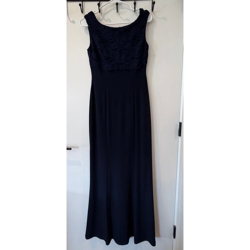 Lauren Ralph Lauren Evening Gown Navy Maxi Lacey High Neck Size 6